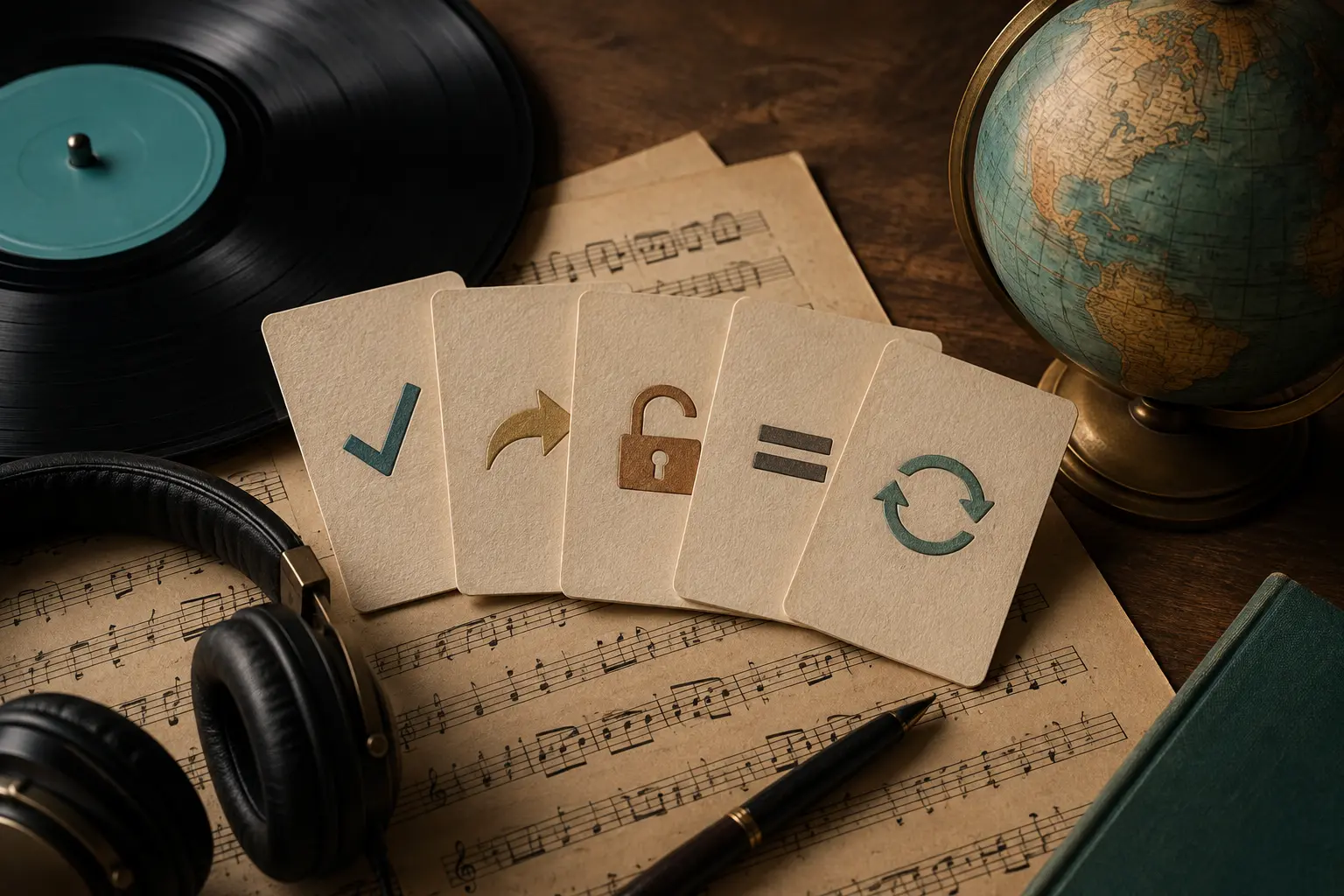 Vinyl record, headphones, sheet music, globe, and music permission symbols