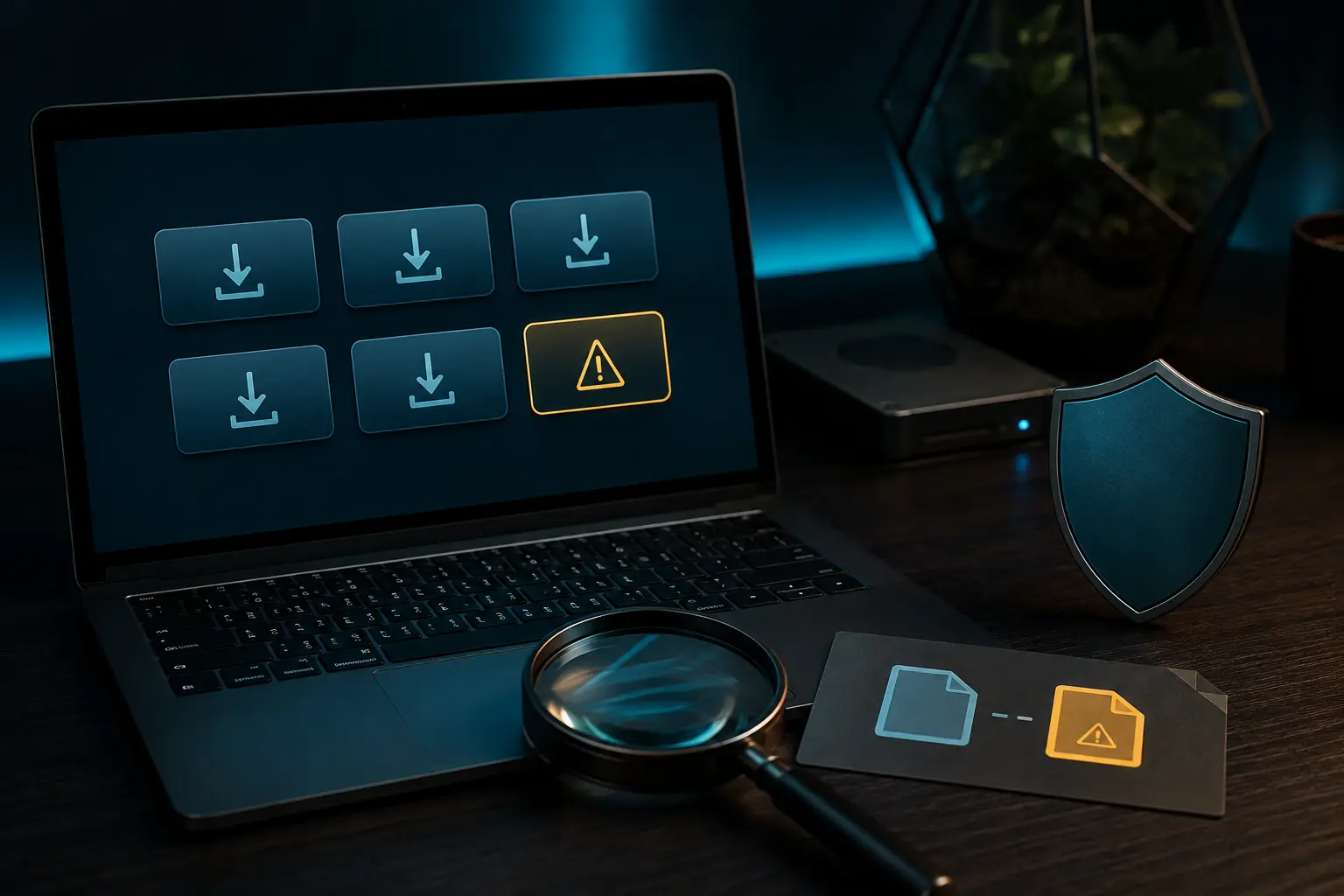 Laptop showing suspicious download buttons, warning symbols, and a protective shield